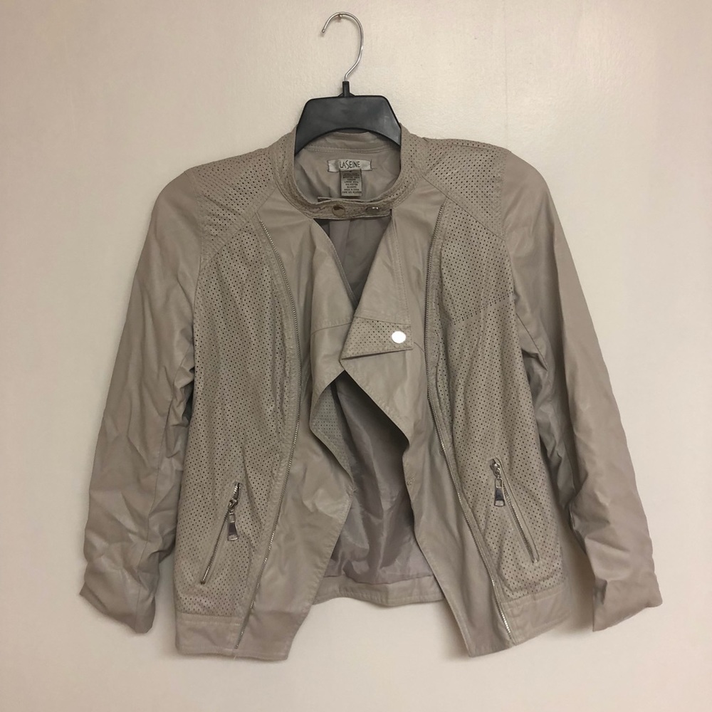 La Seine Perforated Grey Faux Leather Moto Jacket